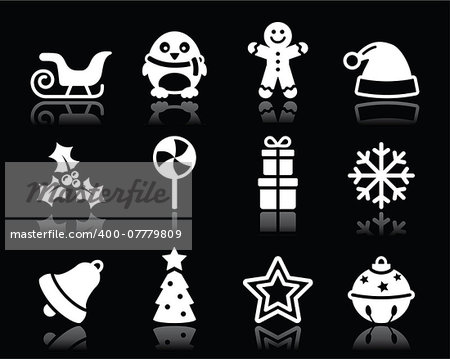 Xmas, winter vector icons isolated on black