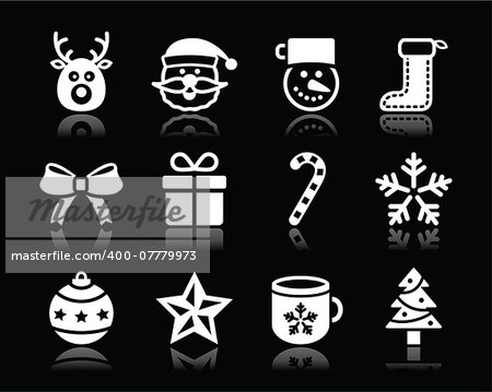 Xmas, winter vector icons set isolated on black