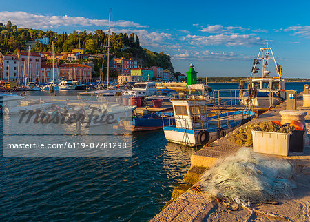 Fishing nets and fishing boats, Old Town Harbour, Piran, Primorska, Slovenian Istria, Slovenia, Europe