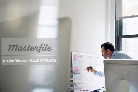 A man using a pen to mark a wall chart or project plan on an office wall.