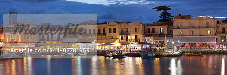 Old Venetian harbour, taverns on seaside, Rethymno, Rethymnon, Crete, Greek Islands, Greece, Europe