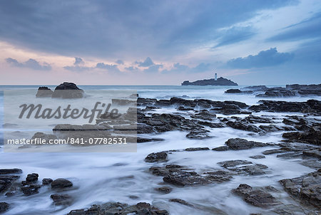 High tide at Godrevy, looking towards Godrevy Lighthouse, St. Ives Bay, Cornwall, England, United Kingdom, Europe