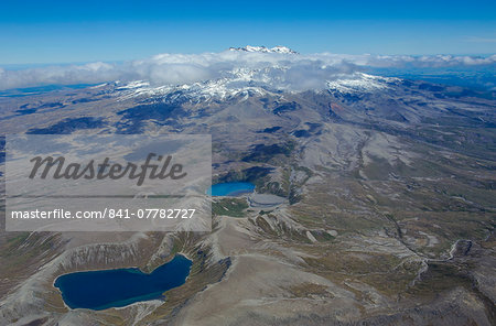 Aerial of the colourful Tama Lakes in the Tongariro National Park, UNESCO World Heritage Site, North Island, New Zealand, Pacific
