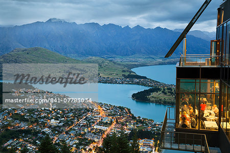 Skyline Restaurant with Lake Wakatipu and the Remarkables at dusk, Queenstown, Otago, South Island, New Zealand, Pacific Skyline Restaurant with Lake Wakatipu and the Remarkables at dusk, Queenstown, Otago, South Island, New Zealand, Pacific