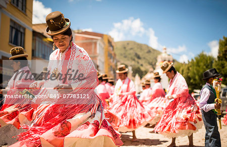 Dancers in traditional dress, Fiesta de la Virgen de la Candelaria, Copacabana, Lake Titicaca, Bolivia, South America