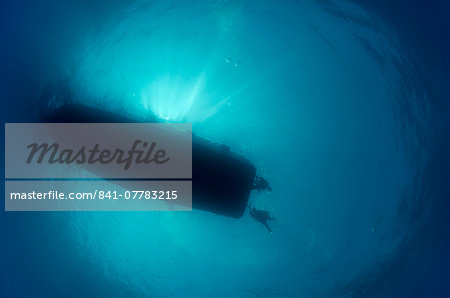 Silhouette of dive boat with scuba divers at dive ladders, underwater view, Red Sea, Egypt, North Africa, Africa