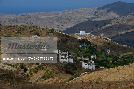 Overview of valley with historic pigeon houses (1200-1560) from Venetian period, Tinos, Cyclades Islands, Greece