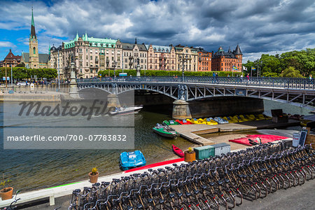 Bicycles and paddle boats for rent next to the Djurgarden Bridge at the island of Djurgarden, Stockholm, Sweden