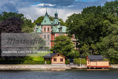 Building and boathouse, waterfront, Stockholm, Sweden