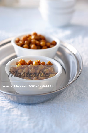 Close-up of Seasoned Baked Chickpea Appetizer in Single Serving Bowls, Studio Shot