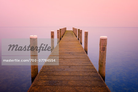 Wooden Jetty on lake, Schweriner Innersee, Schwerin, Western Pomerania, Mecklenburg-Vorpommern, Germany