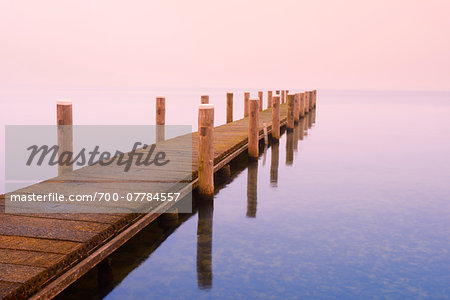 Wooden Jetty on lake, Schweriner Innersee, Schwerin, Western Pomerania, Mecklenburg-Vorpommern, Germany