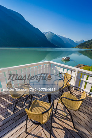 Table and Chairs on Patio, Fjaerland Fjordstue Hotel, Mundal, Fjaerland, Sogn og Fjordane, Norway