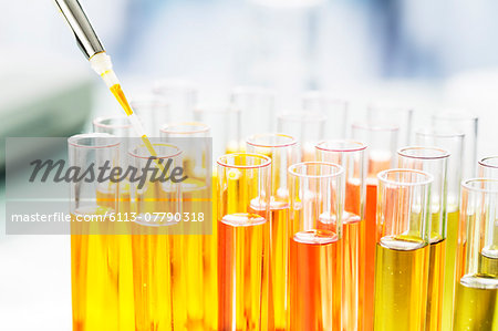 Close up of scientist pipetting solution into test tubes in lab