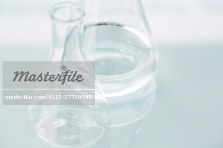 Close up of empty beakers on counter in lab