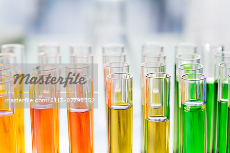 Close up of rack of test tubes with solution in lab