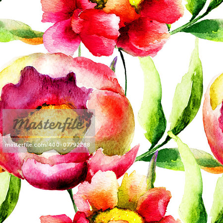 Seamless wallpaper with Pink flowers, watercolor illustration