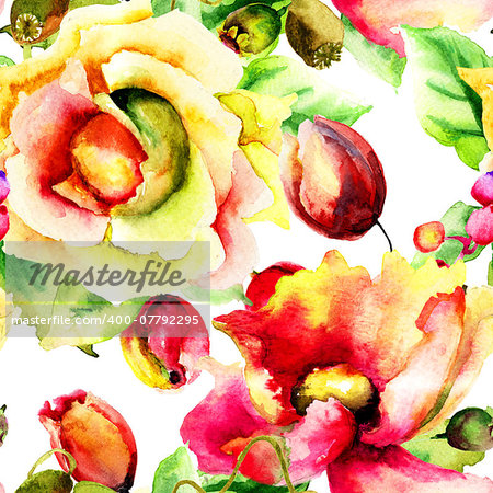 Seamless pattern with Stylized flowers, watercolor illustration