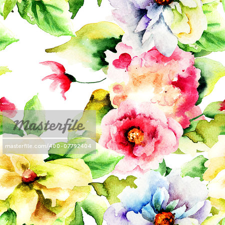 Summer seamless pattern with flowers, watercolor illustration