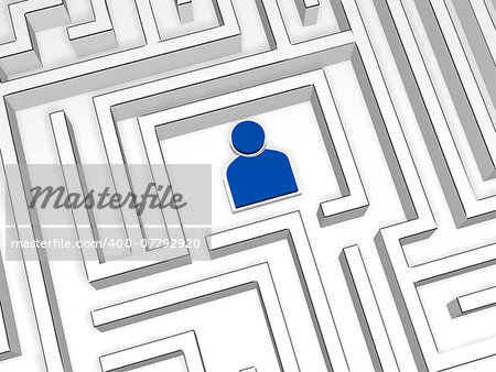 person sign in the centre of labyrinth, 3d blue symbol