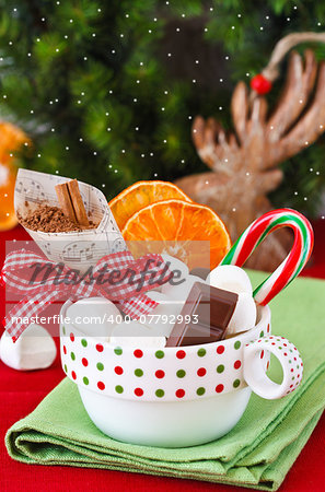 Christmas hot cocoa mix with chocolate, marshmallow and candy cane in mug.