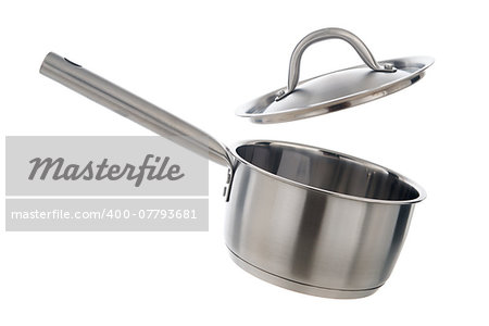 Stainless steel cooking pot with lid opened, isolated on white background