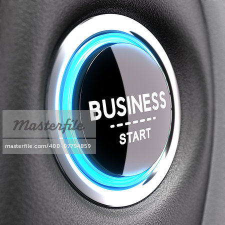 Blue Push button with the phrase business start. Concept image to illustrate new business