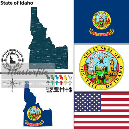Vector set of Idaho state with flag and icons on white background