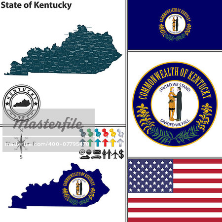 Vector set of Kentucky state with flag and icons on white background