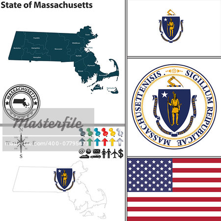 Vector set of Massachusetts state with flag and icons on white background