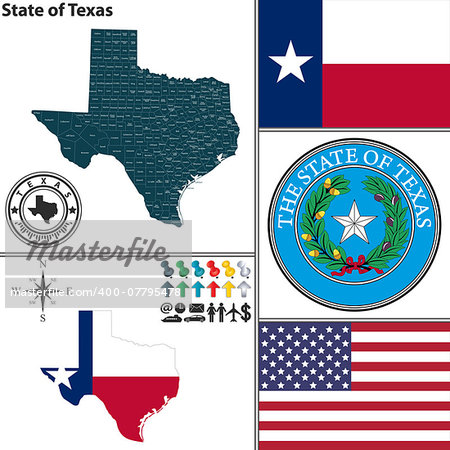 Vector set of Texas state with seal, coat of arms and icons on white background