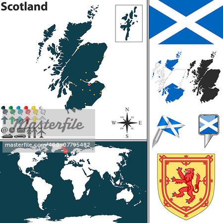 Vector map of Scotland with coat of arms and location on world map