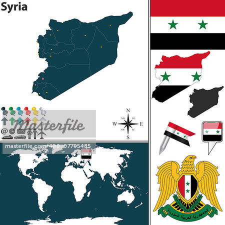 Vector map of Syria with regions, coat of arms and location on world map Vector map of Syria with regions, coat of arms and location on world map