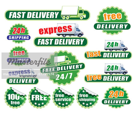 Set of green delivery signs with trucks and labels