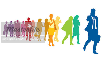 Crowd of colorful walking people over a white background.