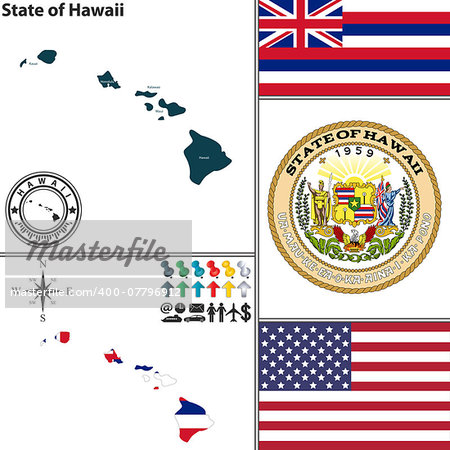 Vector set of Hawaii state with flag and icons on white background