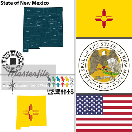 Vector set of New Mexico state with seal and icons on white background