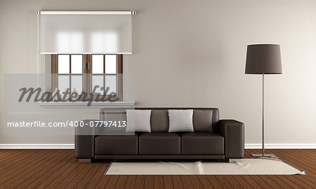 Modern Living room with wooden window and brown sofa on wooden floor - 3D Rendering