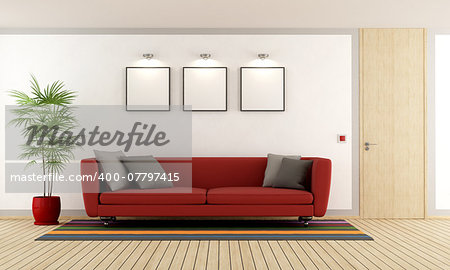 Modern living room with red couch and wooden closed door - 3D Rendering