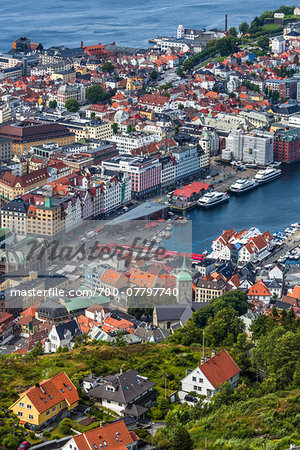Aerial view of harbour and skyline showing Bryggen (Historical Hanseatic Commercial Buildings) Bergen, Hordaland, Norway Aerial view of harbour and skyline showing Bryggen (Historical Hanseatic Commercial Buildings) Bergen, Hordaland, Norway