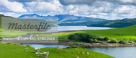 Traditional Scottish farm and loch with backdrop of The Cuillins mountains on the Isle of Skye, Western Isles, Inner Hebrides, Scotland, United Kingdom, Europe