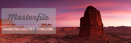 Sandstone rock formations and landscape at dawn, Arches National Park, Moab, Grand County, Utah, USA