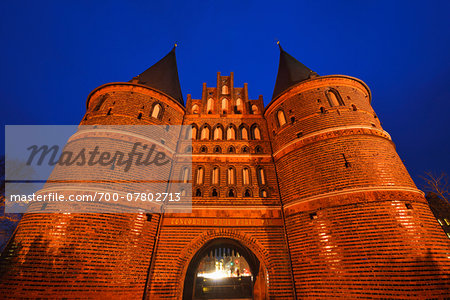 Close-up of Holsten Tor at dusk, Luebeck, Schleswig-Holstein, Germany