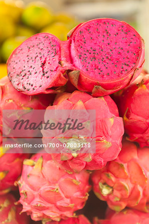 A Colorful Pile of Dragon Fruit in food market, Phnom Penh, Cambodia, Indochina, Southeast Asia, Asia