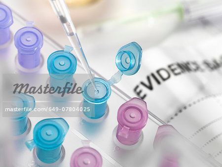 Pipetting DNA sample collected from crime scene into vial for forensic testing in laboratory Pipetting DNA sample collected from crime scene into vial for forensic testing in laboratory