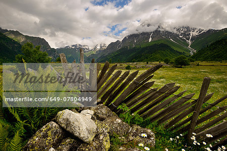 Fence and distant mountains, Mazeri village, Svaneti, Georgia