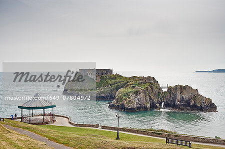 View of promenade and St Catherines Island and fort, Tenby, Wales