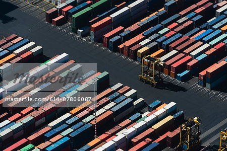 Aerial view of angled cargo containers, Port Melbourne, Melbourne, Victoria, Australia