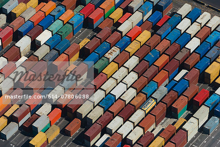 Aerial view of angled multi color cargo containers, Port Melbourne, Melbourne, Victoria, Australia