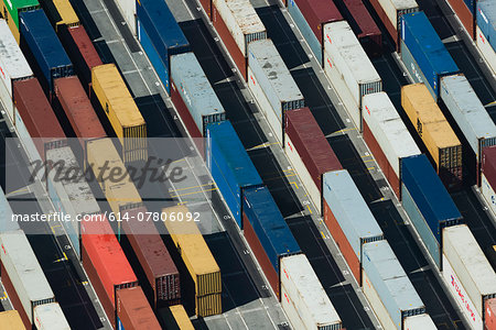 Aerial view of stacked cargo containers, Port Melbourne, Melbourne, Victoria, Australia Aerial view of stacked cargo containers, Port Melbourne, Melbourne, Victoria, Australia